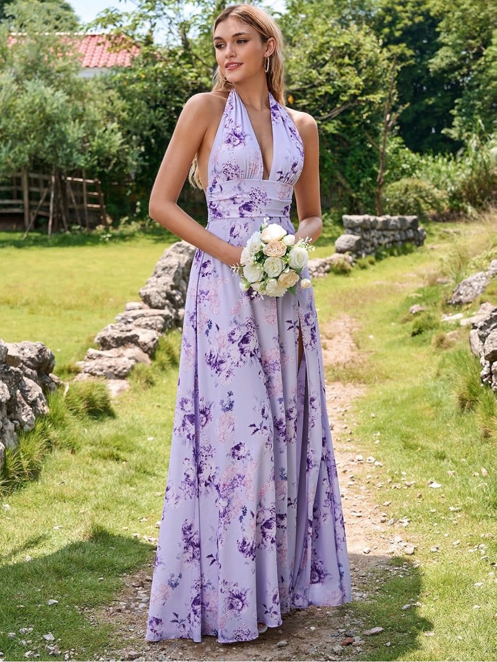 Chiffon Deep V Neck Maxi Dress With Slit